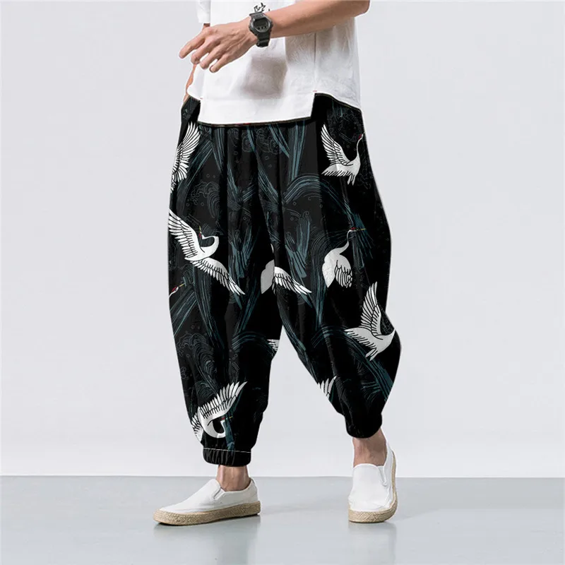 

Oversize 6XL Summer Crane Printed Casual Beach Harem Pants Men Hip Hop Nine Points Trousers Jogger Sweatpants