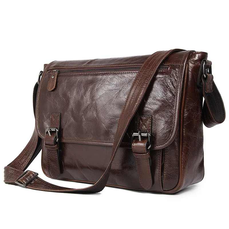 POOLOOS Promotion High Quality Coffee Vintage 100% Guarantee Real Skin Genuine Leather Men Messenger Bags Male Shouder Bag M7022