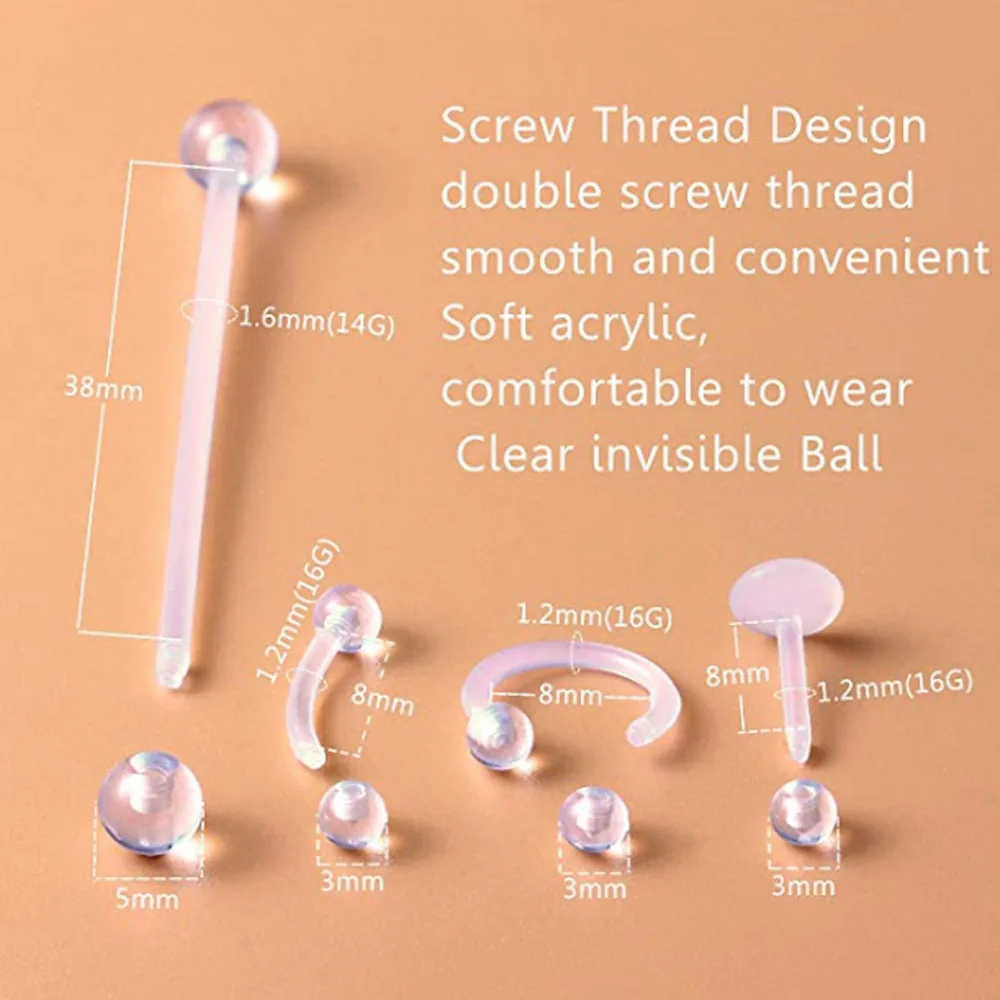 Clear Piercing Plastic Industrial Mixed Retainer Belly Ring Earrings Lobe Lip Ring Horseshoe Tongue Barbell Nipple Daith Earring