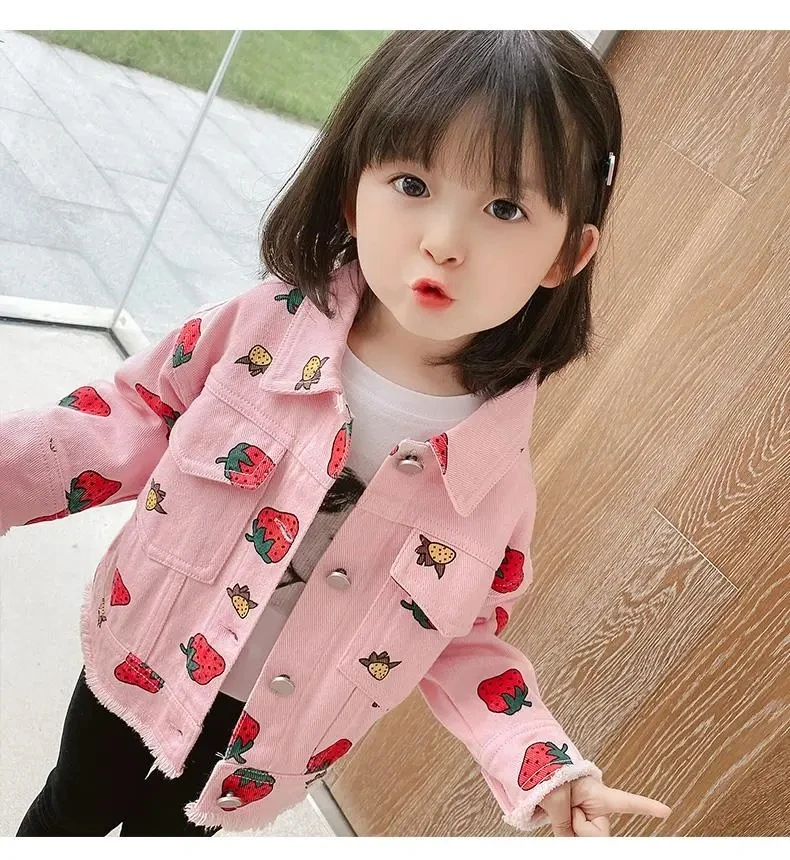 Baby Coat Girl Denim Jacket Cotton Long-Sleeved Clothes Cute Strawberry Girl Outer Coat Child jeans Children\'s Jacket 9M-6T