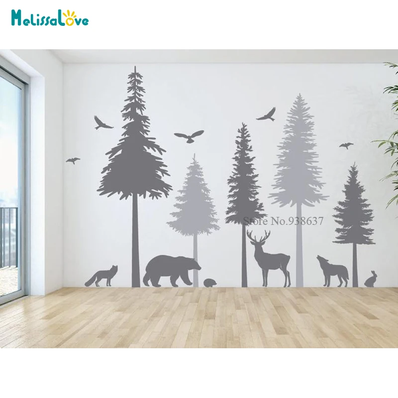 

Pine Tree With Animals Bear Fox Nursery Wall Sticker Decor Baby Room Nature Woodland Forest Removable Decal BD525