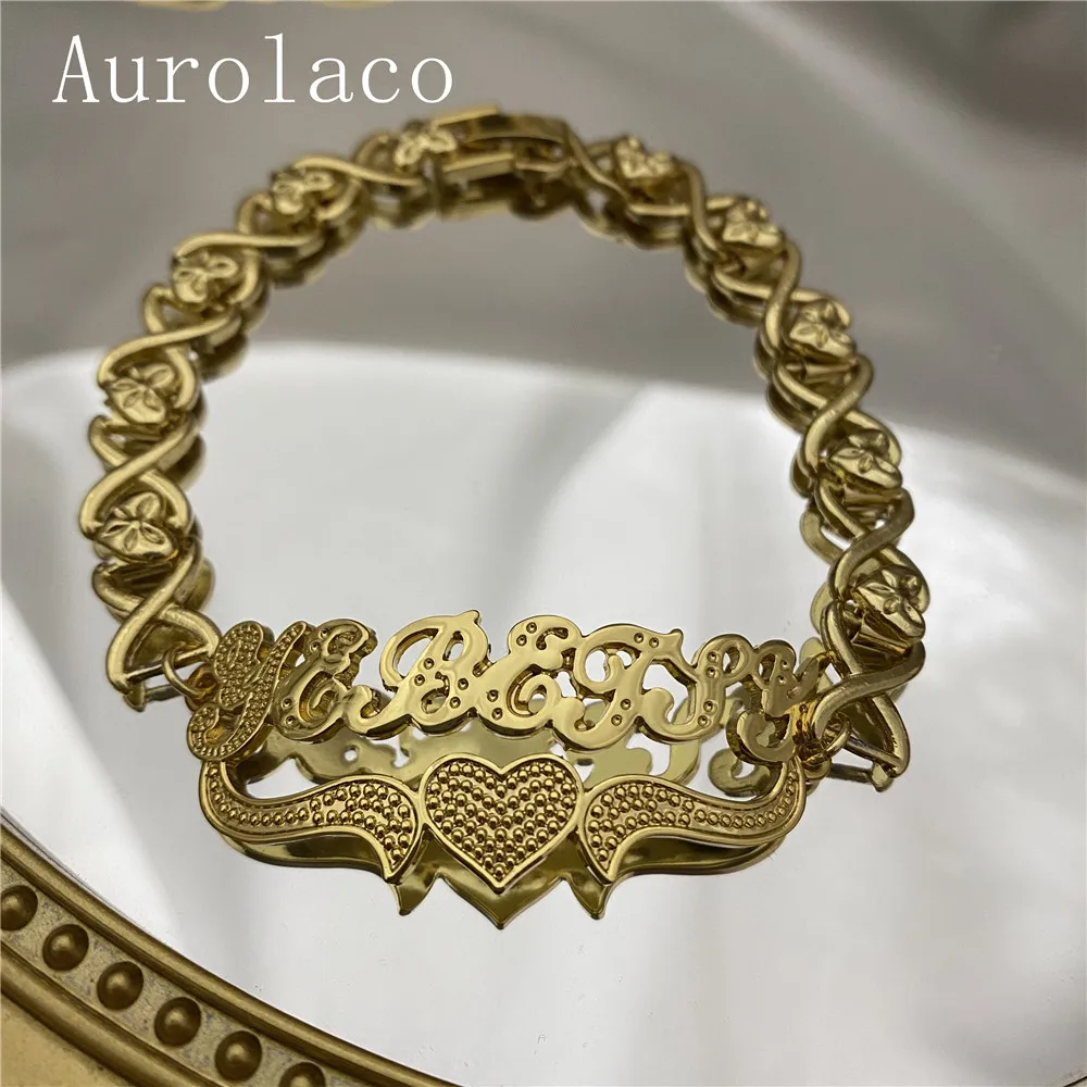 Imagem -02 - Aurolaco Pulseira com Nome Personalizado Bracelete em Aço Inoxidável Banhado a Ouro