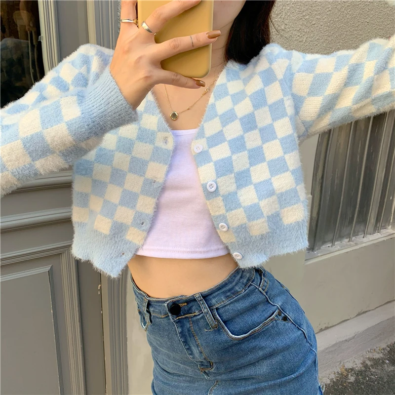 Checkerboard Knit Long Sleeve Cardigan V-neck Sweater Women