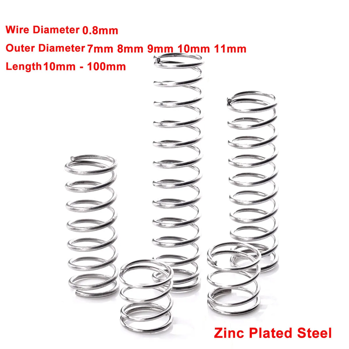 10Pc Zinc Plated Steel Compression Spring Wire Dia 0.8mm Y-Type Rotor Return Spring Pressure Spring OD 7mm-11mm  Length 10-100mm