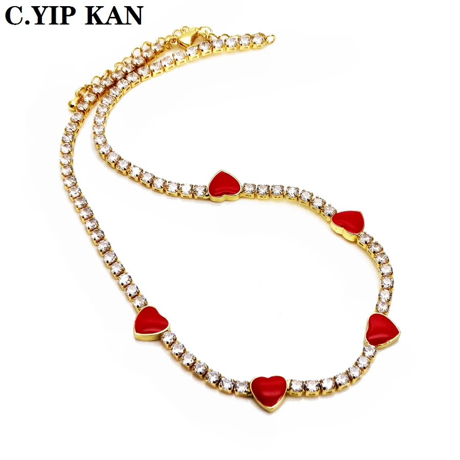 Copper inlaid artificial gemstone necklace gold plated interval love spray paint beads Adjustable length choker Lady Jewelry