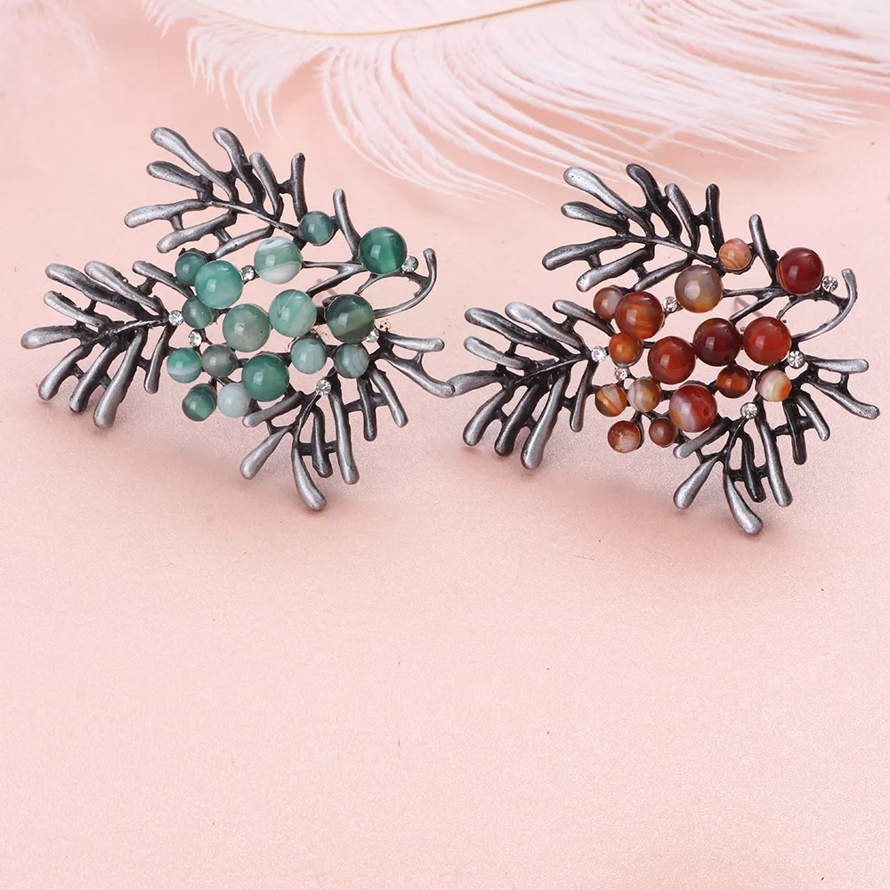 FARLENA Jewelry Natural Stone Tree Brooches for Women Vintage Red green stone pendant pin brooch