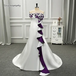 Cascading Ruffles Flowers Mermaid Wedding Dress Customized Strapless Long Vintage White And Purple Bridal Gown Vestidos De Novia
