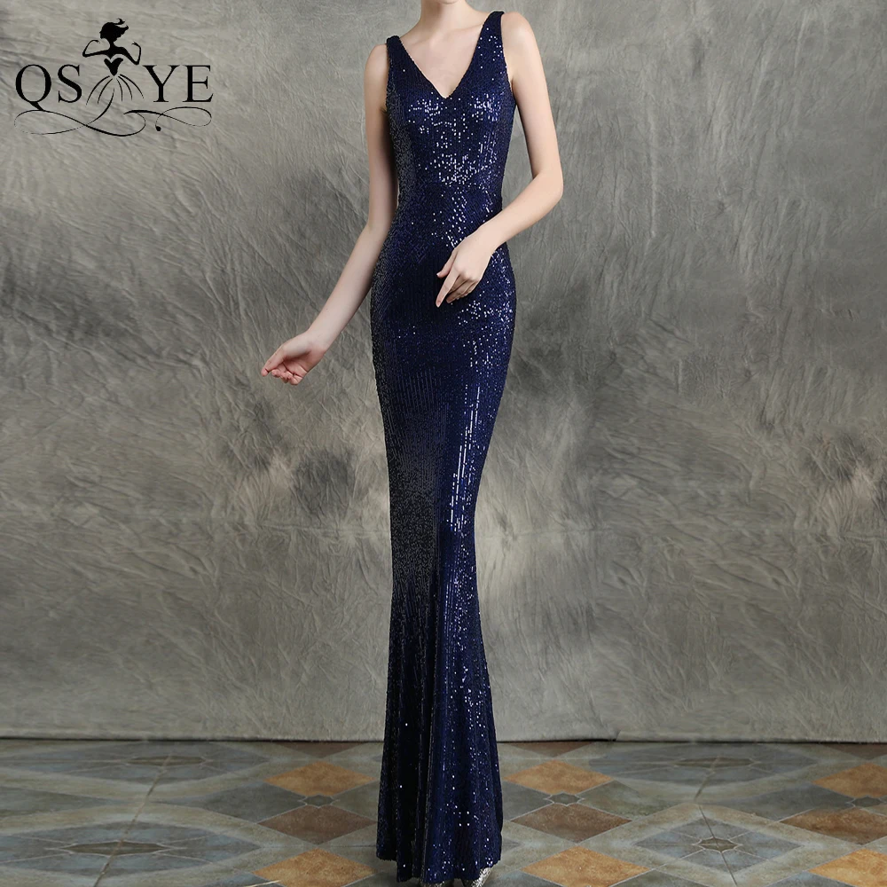 

Navy Mermaid Evening Dress Sleeveless Sexy V Neck Prom Gown Backless Sequin Long Party Dress Glitter Fit Blue Formal Gown