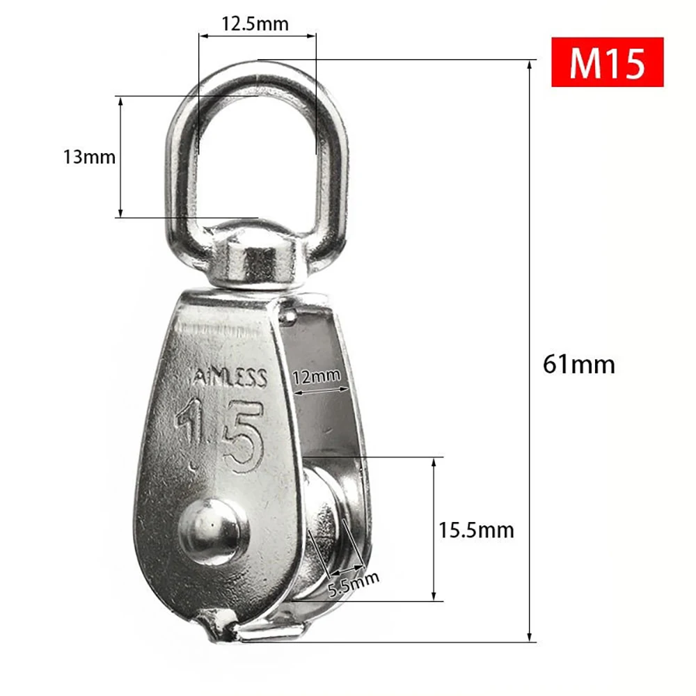 1Pack M15 Lifting Single Pulley Roller 304 Stainless Steel Heavy Duty Single Wheel Swivel Lifting Rope Pulley Block