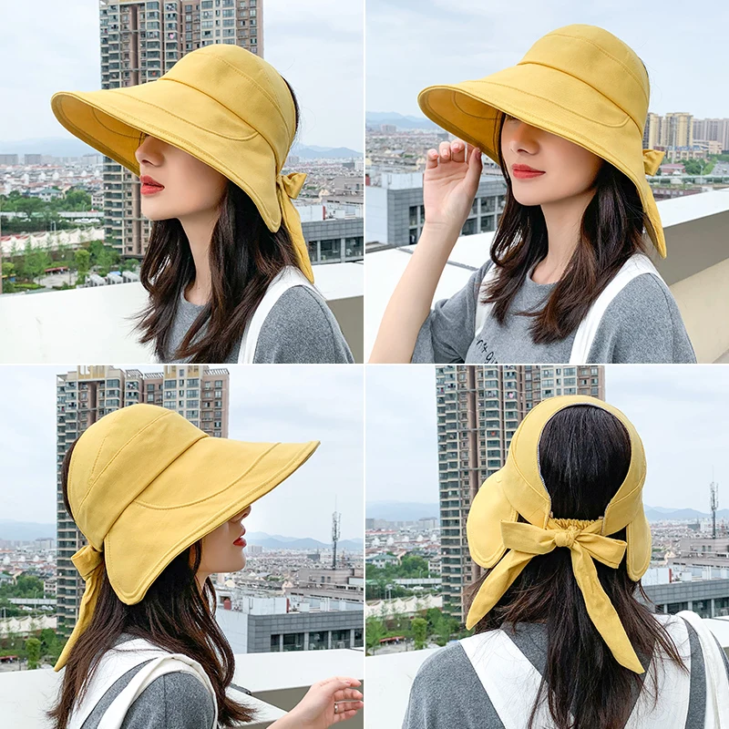 COKK – chapeau de soleil jaune pour femmes, visière à large bord, Protection Uv, pour la plage, pliable