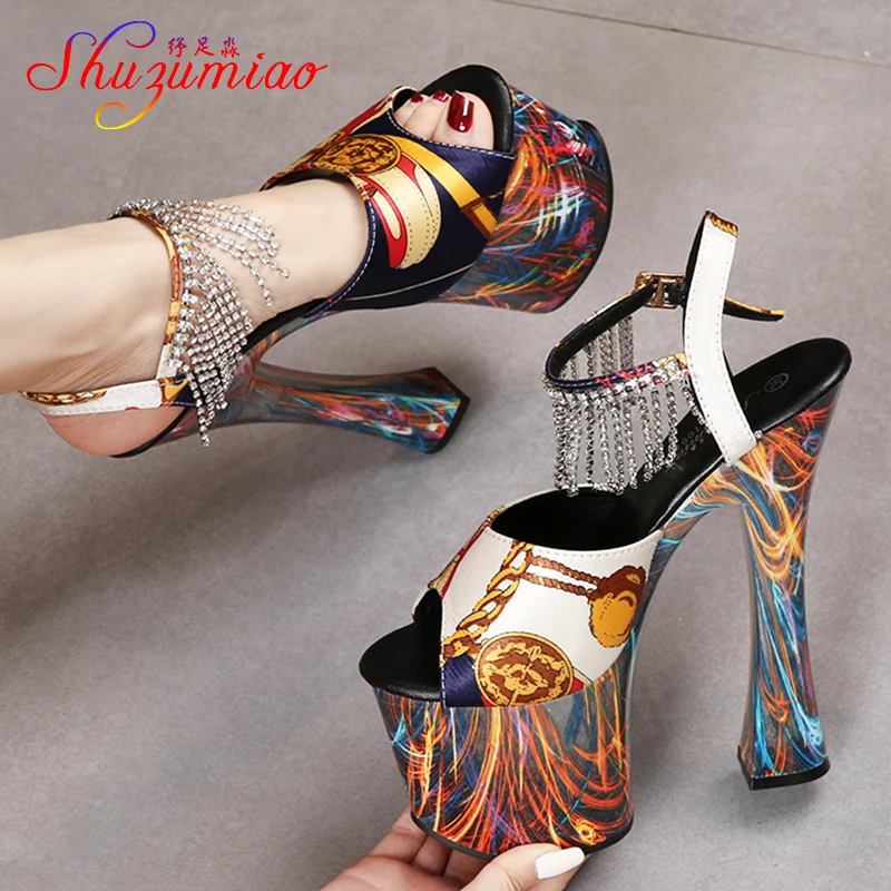 

Gladiator 2021 Summer Sexy 17CM Women Sandals Diamond Tassel Buckle Strap Nightclub Party Shoes Fetish Platform Printing Heels