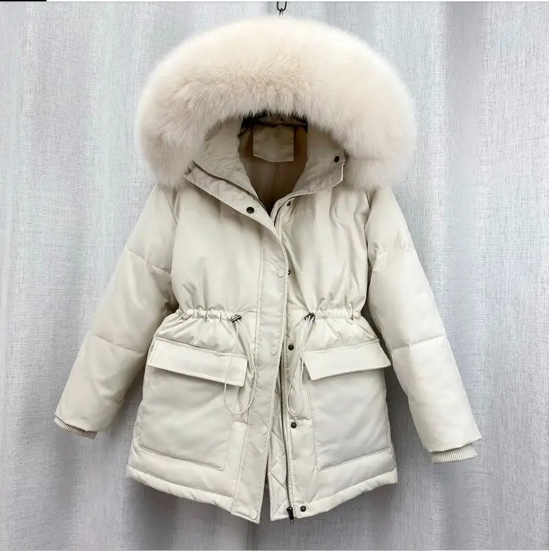 HWL 2024 Cotton Padded Fur Parka New Big Fur Collar Down Winter Jacket Women Thick Warm Parkas Female Outerwear