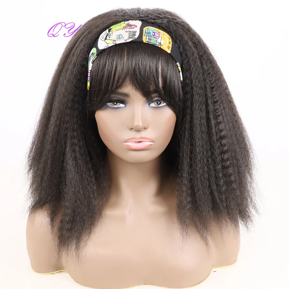 Headband Wig Afro Kinky Curly Black Wig Colorful Headband Link Straight Bangs Hairstyle Women Wig Daily Use Synthetic Hair