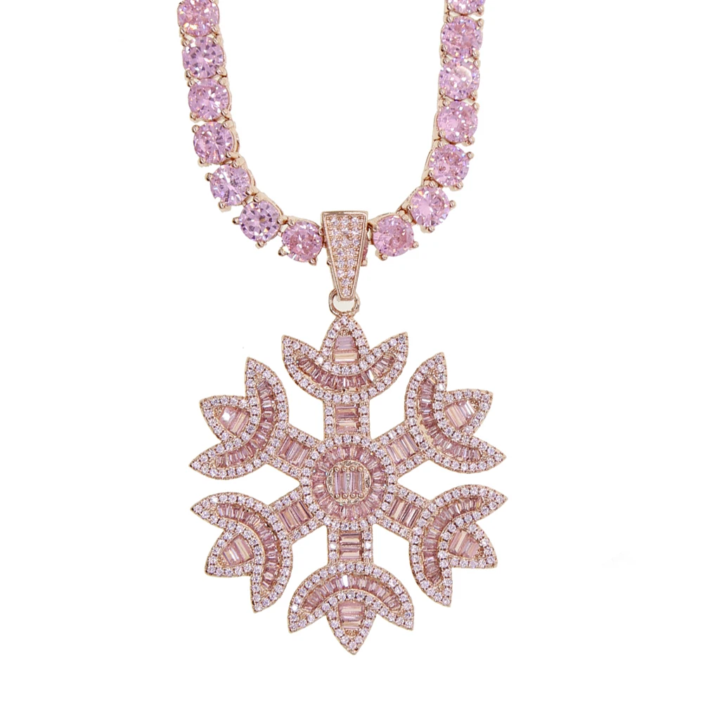 Iced Out Bling Snowflake Pendant Necklace Silver Color Cubic Zirconi Hip Hop Charm Women Fashion Jewelry