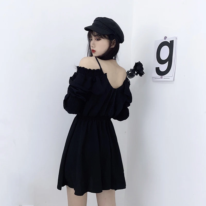 Women Dress M-4XL Lace Up Black Autumn 2024 Sexy High Waist Femme Dresses Off Shoulder Long Sleeve Gothic Clothes