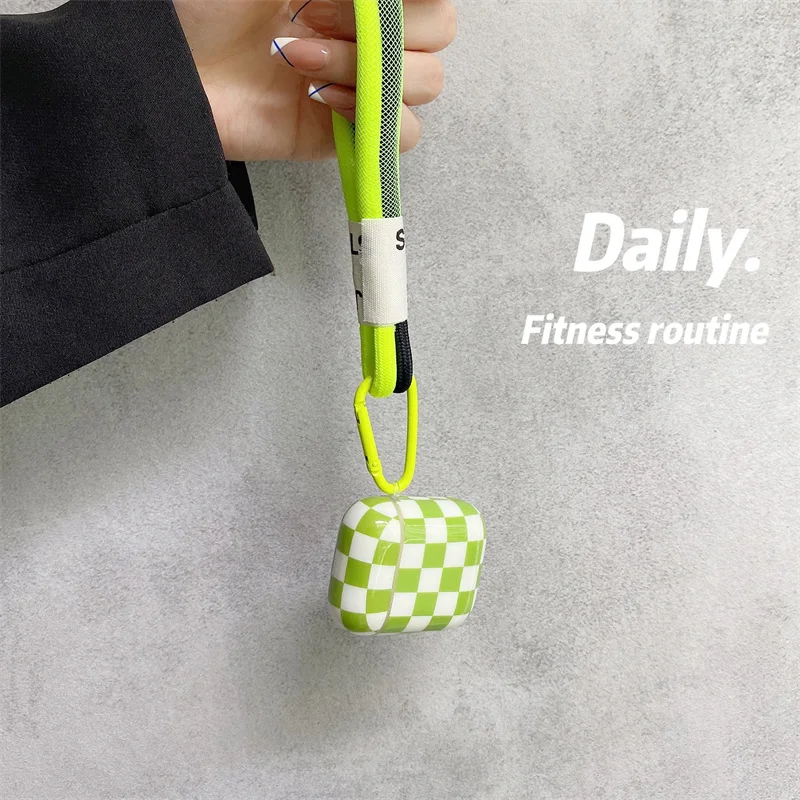 Stylish Green White Checkboard Earphone Case For Airpods1 2 Fluorescent Green Lanyard Headphone Protevtive Cover For Airpods Pro