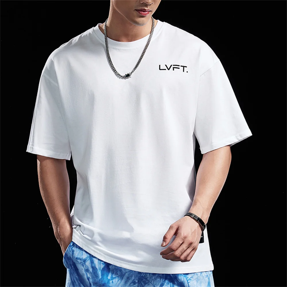 New Men's Fashion Brand Short-Sleeved Fitness Leisure Loose Round Neck T-Shirt Cotton Stretch SHARK Sports Running Student Tee