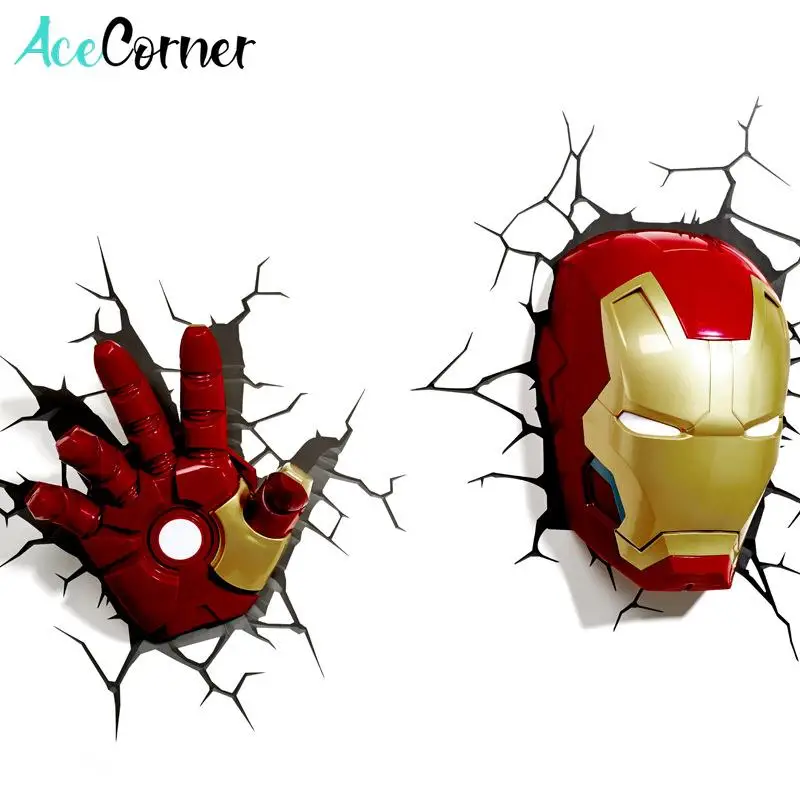 Acecorner Iron Man Face Hand 3D Creative Wall Lamp LED Night Light Avengers Marvel Bedroom Living Room Boys Kids Christmas Gift