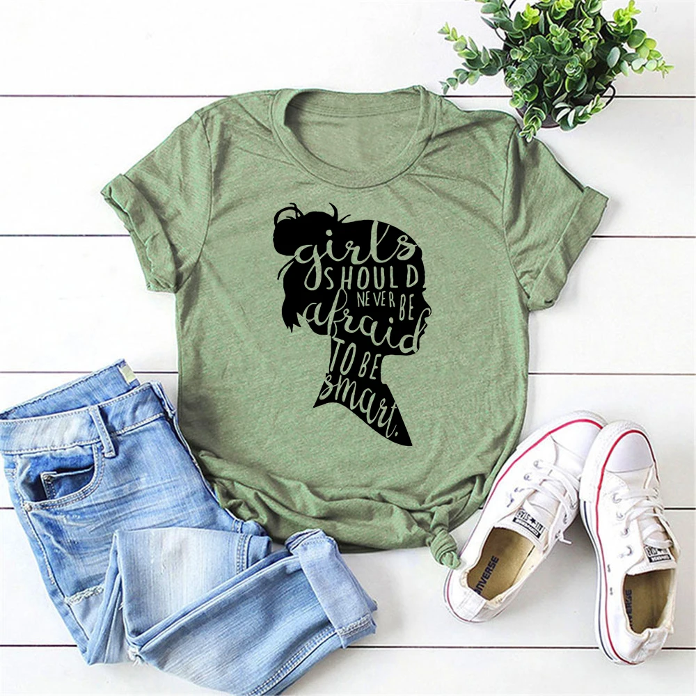 2020 Girls Should Never Be Afraid To Be Smart T-shirt Funny Girl Power Shirt Cute Feminist Shirt Girl Portrait Graphic Tee