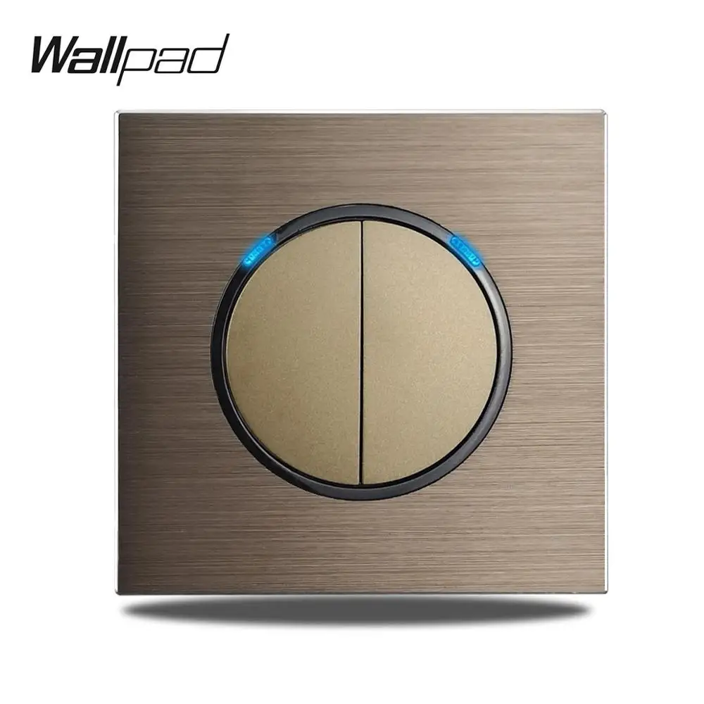 L6 Series Single 2 Gang Wall Light Switch Round Design Brown Aluminum Panel With Blue LED Indicator