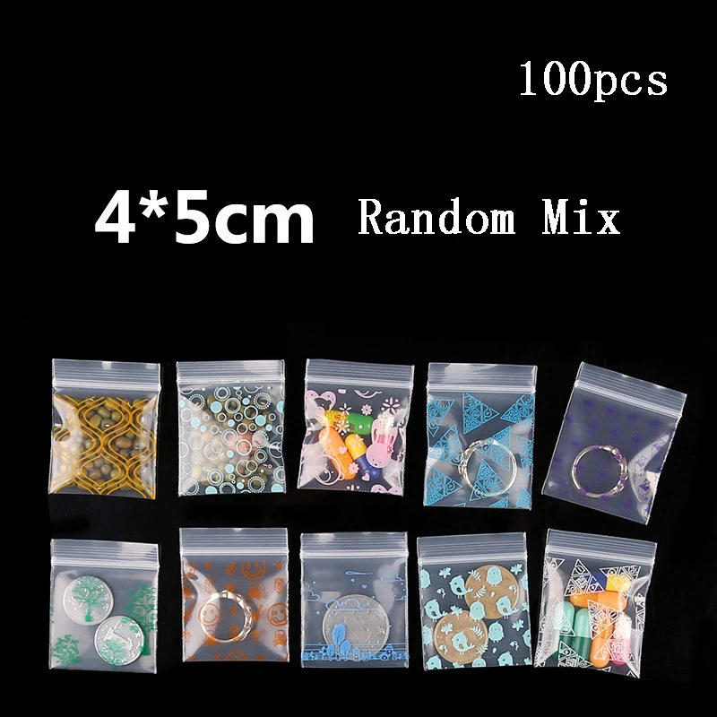 100pcs Random Mix Ziplock Pill Jewelry Packaging Plastic Pouches Mini Cute Zip lock Bags Plastic Packaging Bags Thick 0.24mm