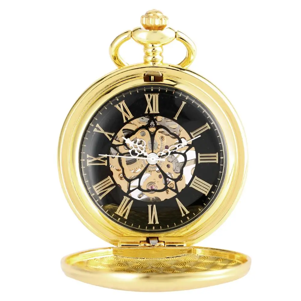 Top Luxury Golden Shield Design Skeleton Dial Mechanical Hand Winding Pocket Watch FOB Roman Numbers Clock for Men Women Gifts