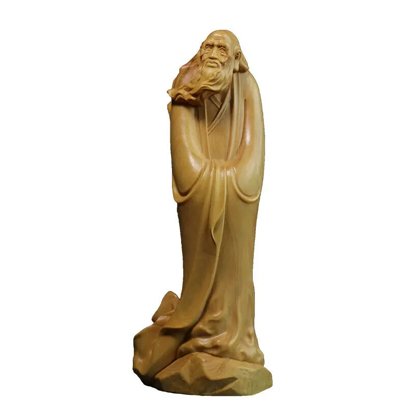 

TJ175ca -20.5x8x6.5 CM Hand Carved Boxwood Carving Figurine Daoist Lao Zi Elder Sculpture