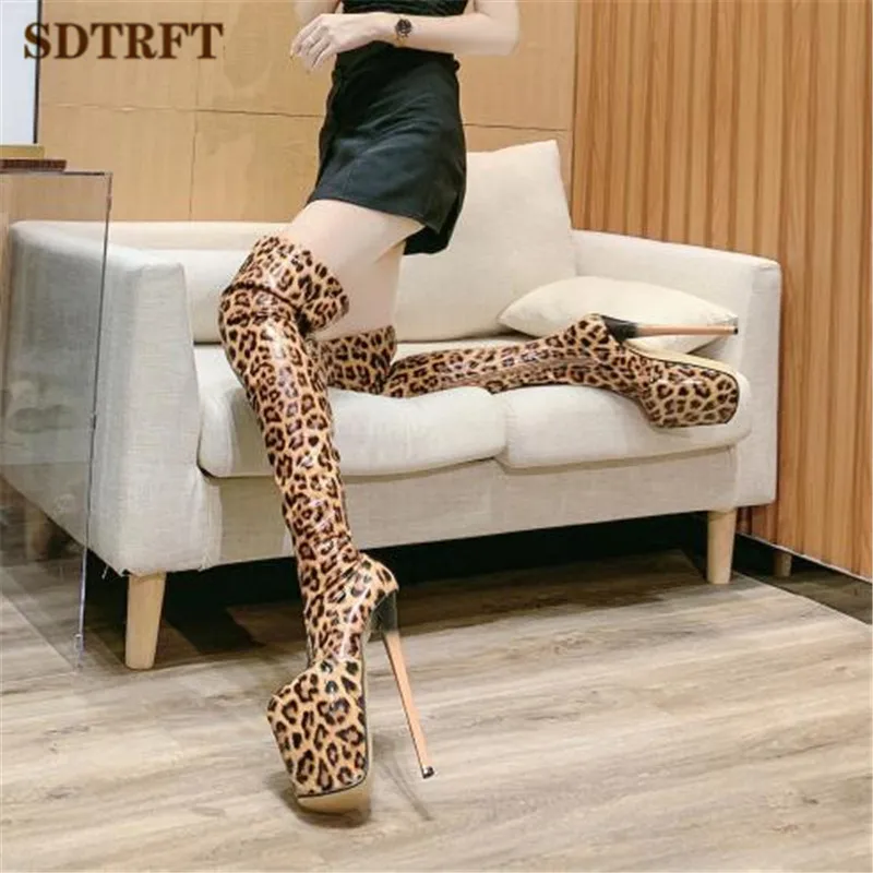 SDTRFT Pole dancing 20cm thin heels Stiletto over the knee long boots platform Women PUNK Pumps 22cm ladies Leopard print Shoes