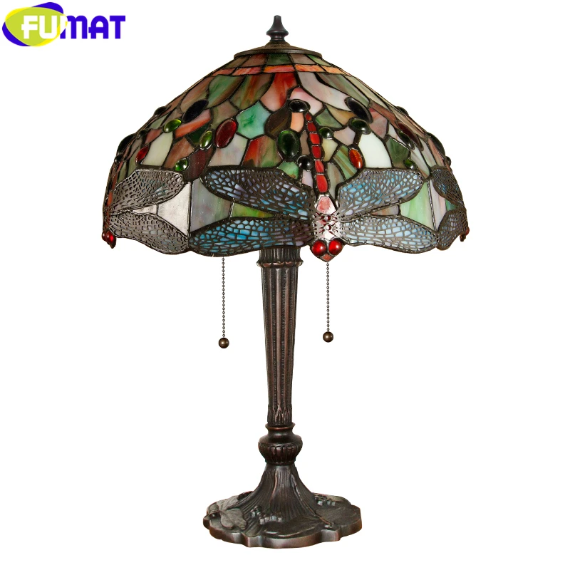 FUMAT Tiffany Antique Style Desk Lamp Dragonfly Colorful Jade Stained Glass Shade Table Light Casting Coppon Frame Art Decor 16