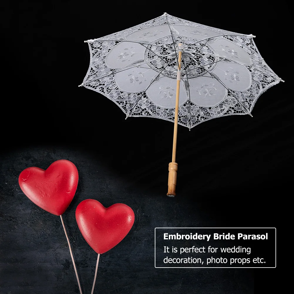 In Stock Handmade Lace Umbrella Silk Cloth Lace Flower Embroidery Parasol Wedding Bride Photography Umbrella White Beige Color