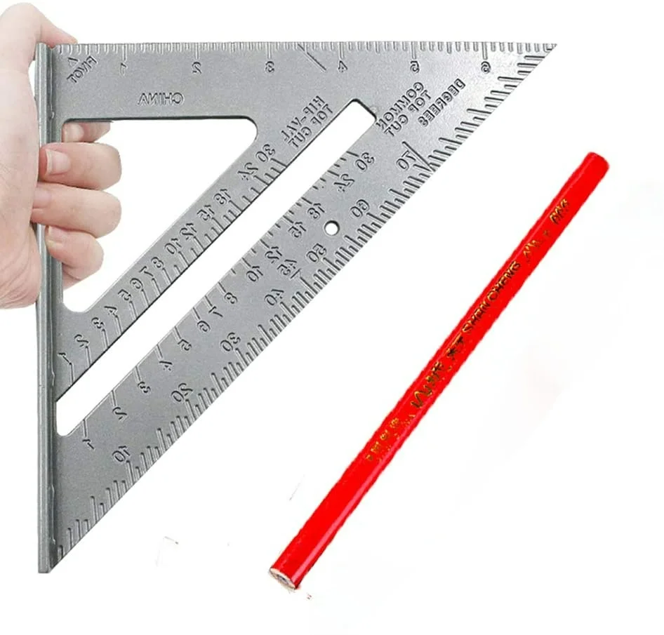 Thợ Mộc Vuông 7-Inch Nhôm Vuông + 1 Bào Gỗ Bút Rafter Thợ Mộc Tam Giác Vuông Pressional Dễ Đọc công Cụ