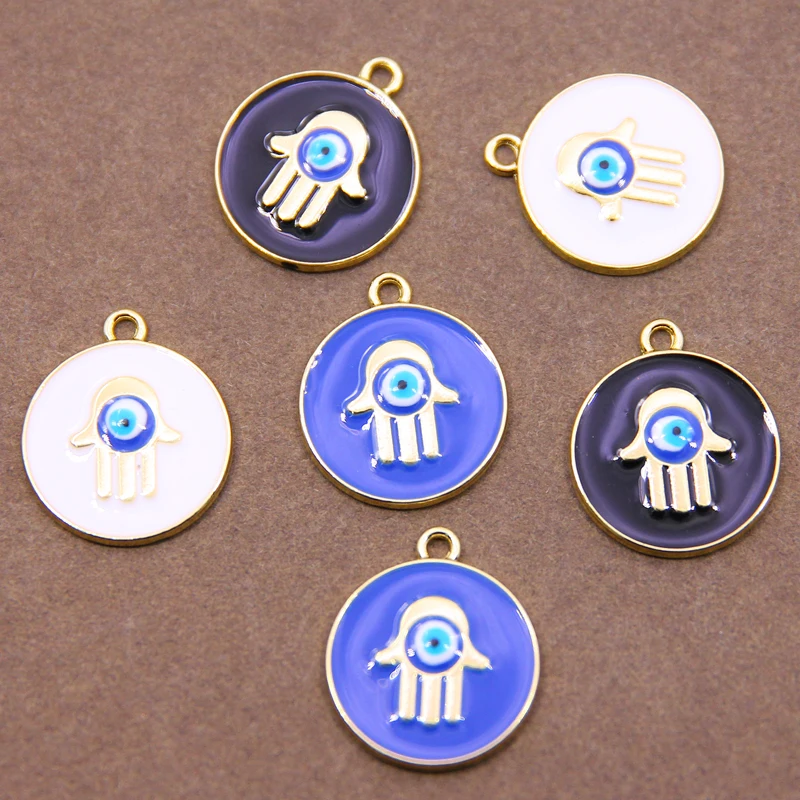 6pcs 25mm Round shape Hamsa Hand Of Fatima Greek Evil Eye Enamel Charms For DIY Pendant Bracelet Necklace Making
