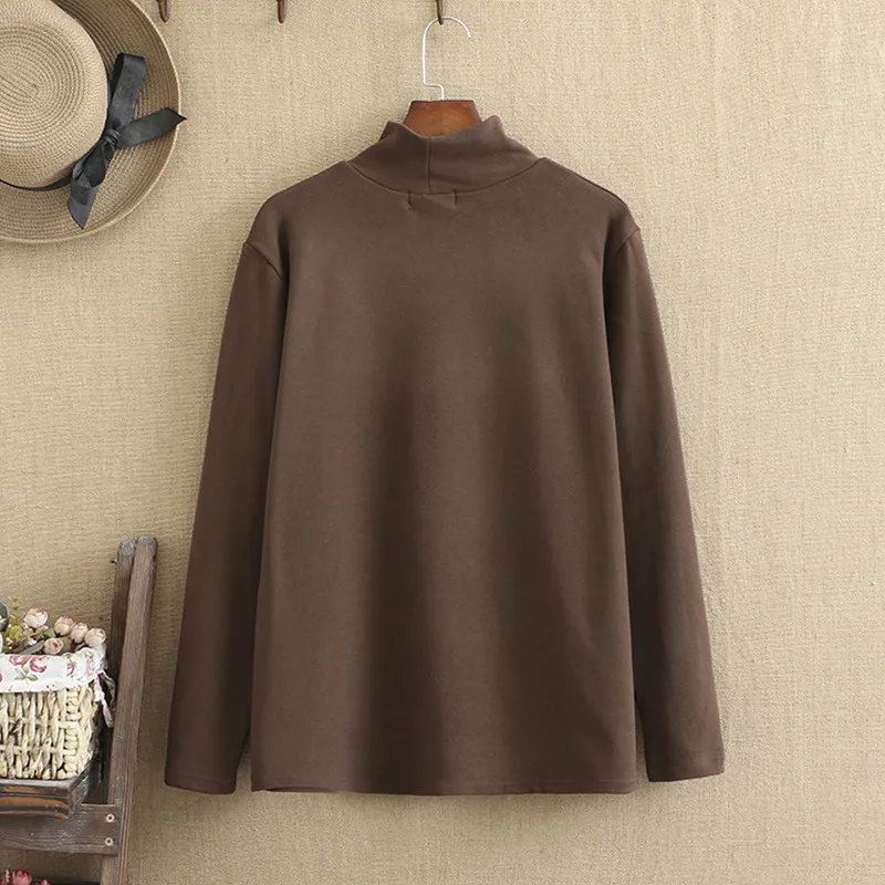 Plus Size T-Shirt For Women Stand-Up Collar Solid Color Cotton Woven Fabric  Large Size Long Sleeve Casual Tops For Fatlady Wear