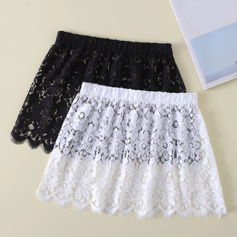 

Women Eyelash Floral Lace Shirt Extender Adjustable Layered Faux Top Hem Lower Sweep Mini Skirt Half Slip Underskirt