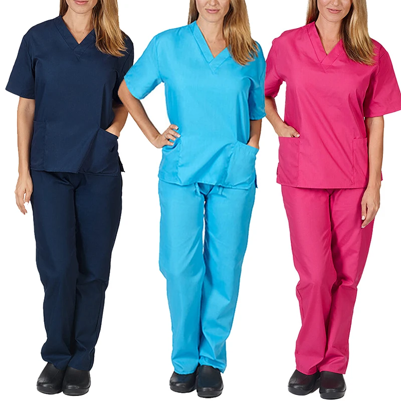Two Piece Set Solid Color Scrub Suit V-neck Short Sleeved Nursing Uniform Set Tops+Pants Fast-drying Suits