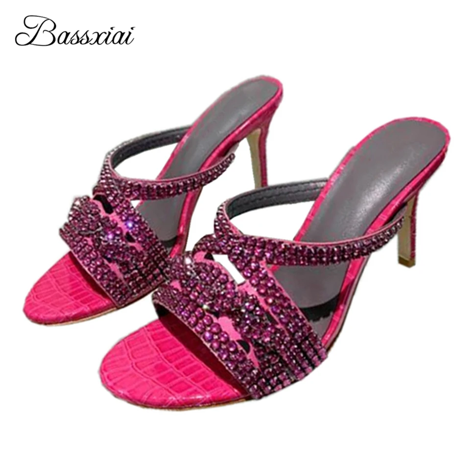 

Cross Narrow Band Rhinestone Sandals Women 9cm Thin High Heels Sexy Open Toe Real Leather Slingbacks Diamond Summer Mules Lady