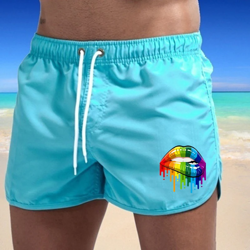 Summer Men\'s Shorts Lip Printing Sport Casual Fitness Breathable Training Drawstring Candy Colors Loose Male Beach Pants S-3XL