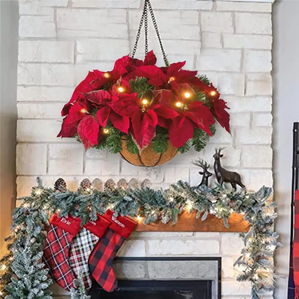 Pre-Lit Christmas Hanging Basket Flocked With Mixed Decorations And LED Lights Artificial Frosted Berry Pine Cones For Christmas