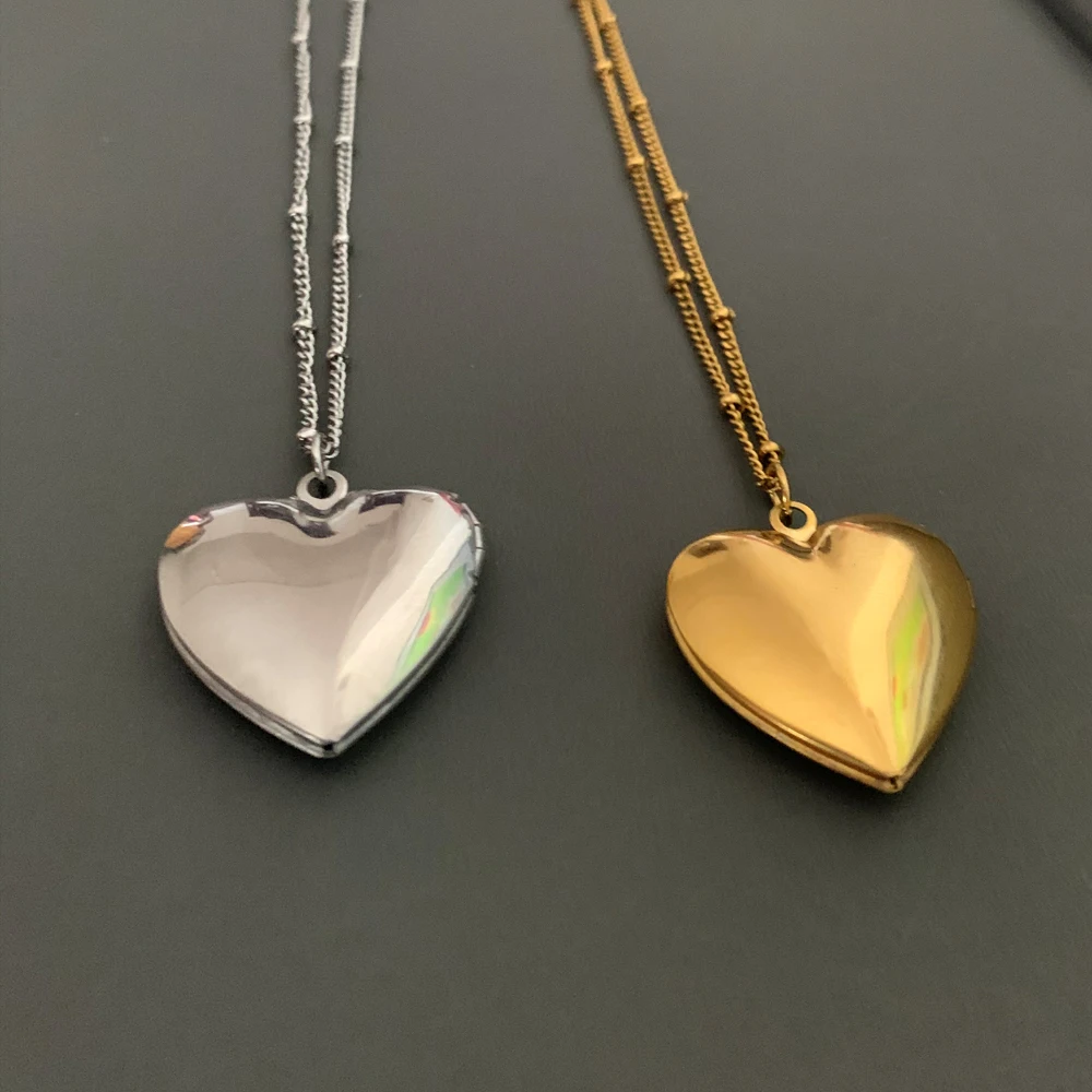 Glossy Love Heart Photo Frame Pendant Necklace Fashion Gold Color Stainless Steel Beaded Chain Collar Statement Jewelry