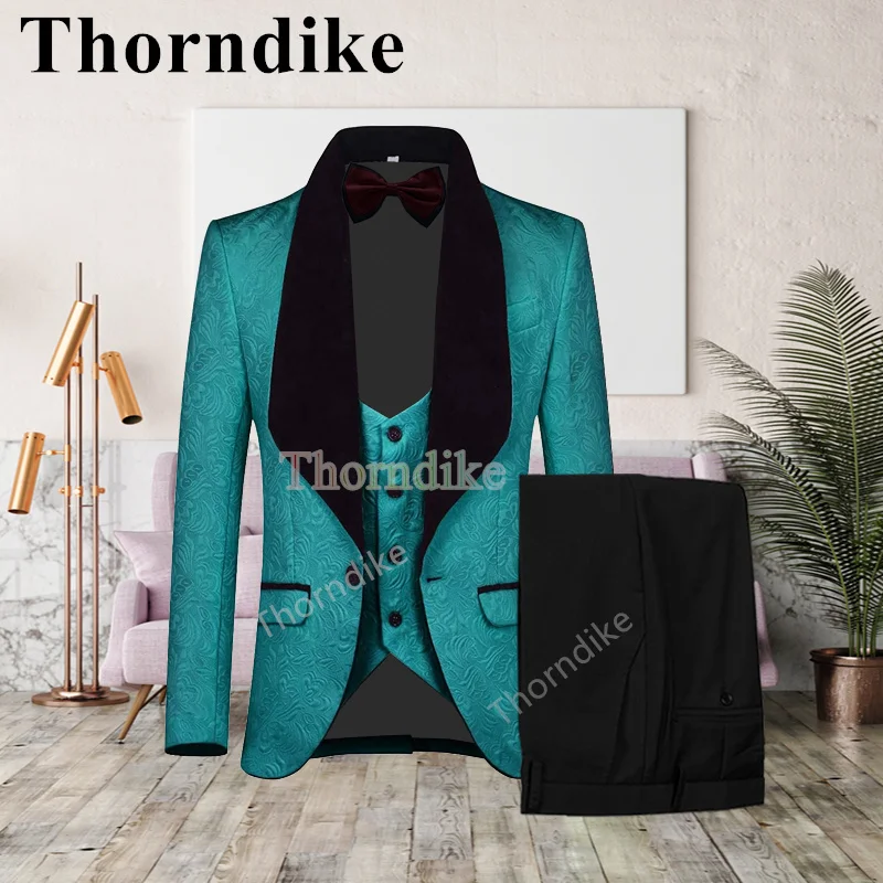 Thorndike New Arrival Men\'s Lake Green Jacquard Fashion Suit Custom Formal Wedding Suit Fashion Elegant 3 Piece Set