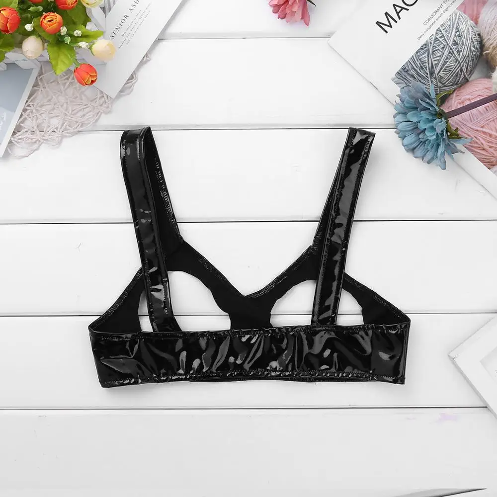 Sexy Clubwear Women Wet Look Leather Bustier Latex Mini Bra Porno Open Cups Bra Underwear Female Hollow Out Nipples Unlined Bra