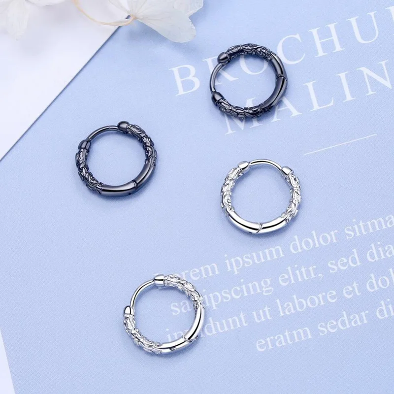 New Trendy Pattern Black Gold Hoop Earrings For Women Men Jewelry 925 Silver Earring Chic Unisex Party Accessories Gifts KOFSAC