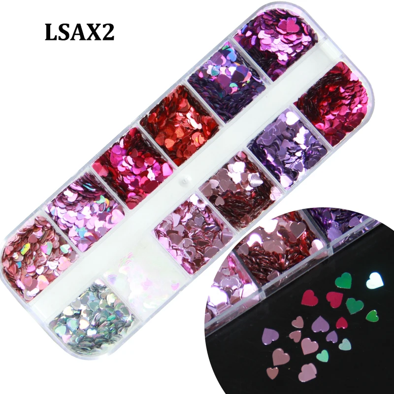 12 Grids Zoete Liefde Hart Nail Glitter Pailletten Rose Goud Zilver Schijnt Laser Ab Nail Art Paillette Manicure 3D Decoraties