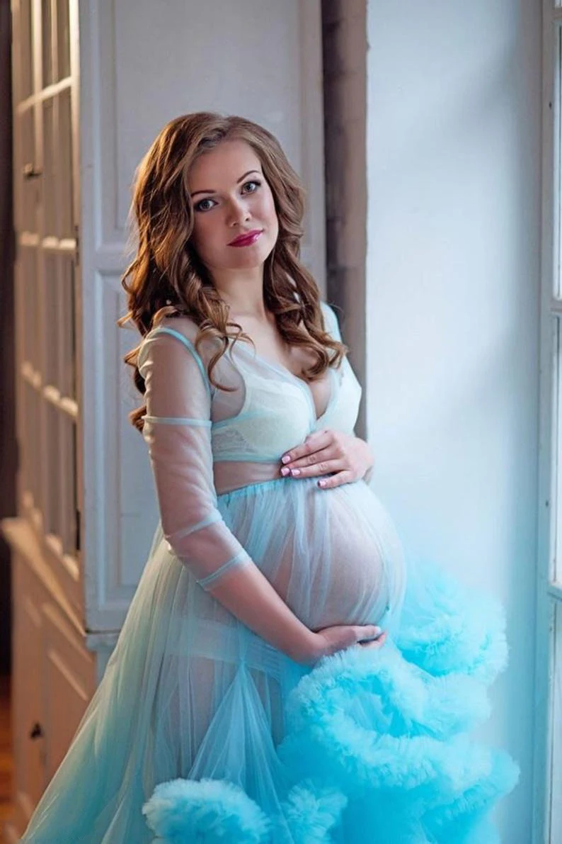 Pregnant Photo Bathrobe Pajam Robe Sexy V Neck Long Sleeves Lace Tulle Gowns Custom Made Bathrobe Mesh Prom Bridesmaid Shawl