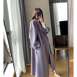 Cappotto di lana lungo autunno inverno temperamento tinta unita con fusciacca bavero capispalla donna capispalla moda cappotto di lana viola