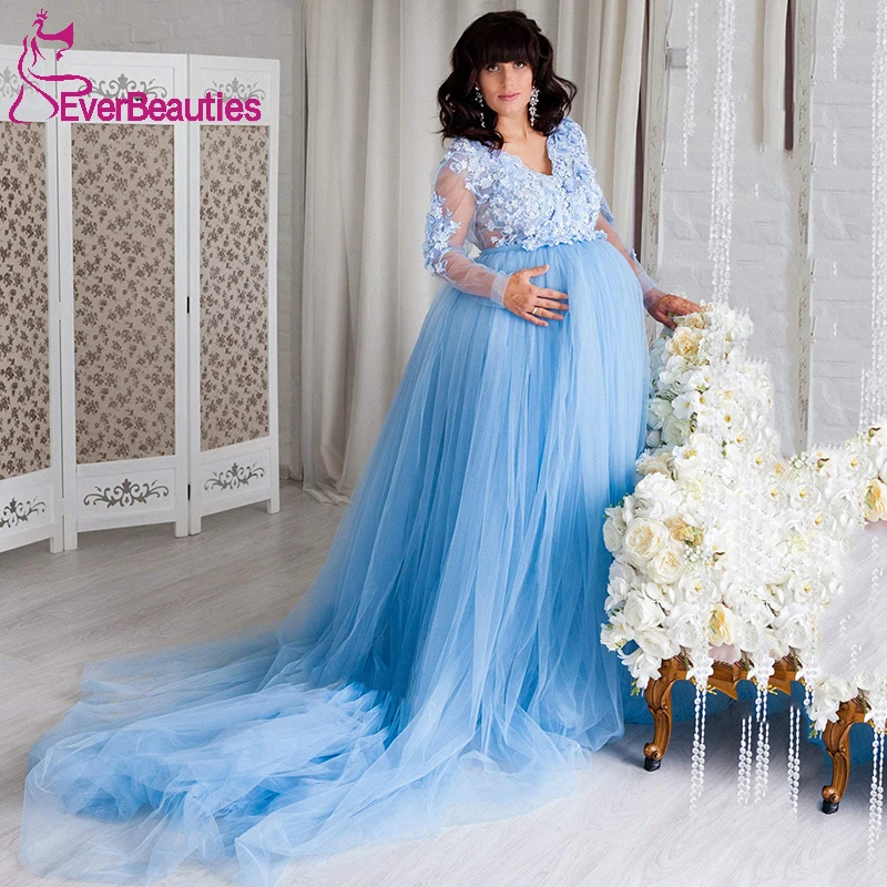 

Tulle Maternity Robe Long Sleeves Maternity Dresses for Photo Shoot Baby Showers Dress Robe De Soiree Femme Evening Dress