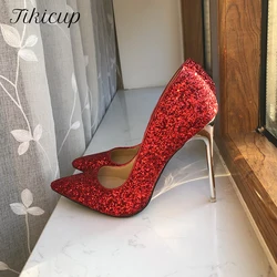 Tikicup Glitter Red Sequins Women 11cm High Heel Wedding Bridal Shoes Bling Ladies Pointy Toe Stiletto Pumps Plus Size 44 45 46