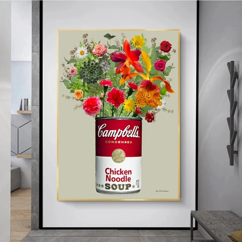 

Retro Wall Art Andy Warhol Soup Painting with Flowers Canvas Painting Posters and Prints Wall Picture for Living Room Decoration