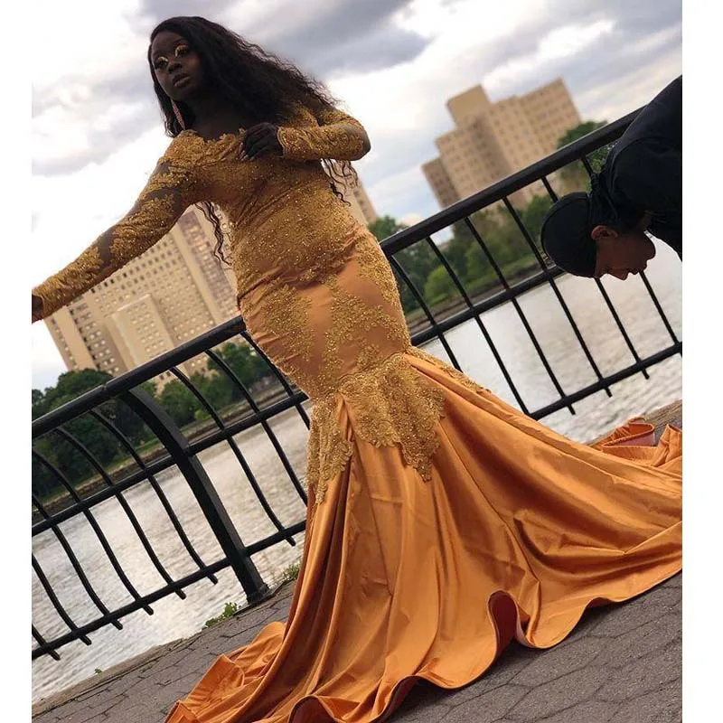 Robe de soirée de forme sirène, dorée, à manches longues, col en V, en dentelle, avec des Appliques de perles, robe de bal africaine