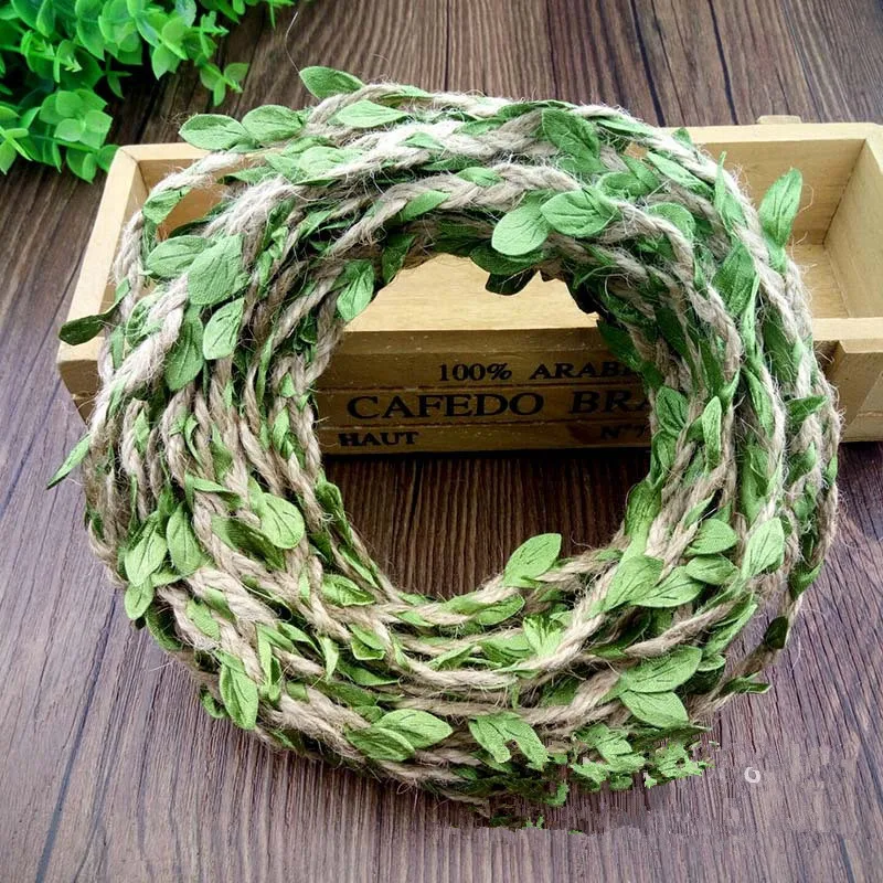 3 Meter Natural Jute Twine, 5MM Burlap Leaf Ribbon with Artificial Vine Green Leaves for Wedding Home Garden